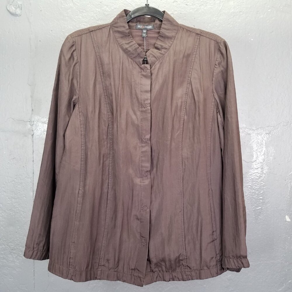 Eileen Fisher Seamed Jacket Women M Silk Crepe Clove Brown Snap Front Preppy NEW